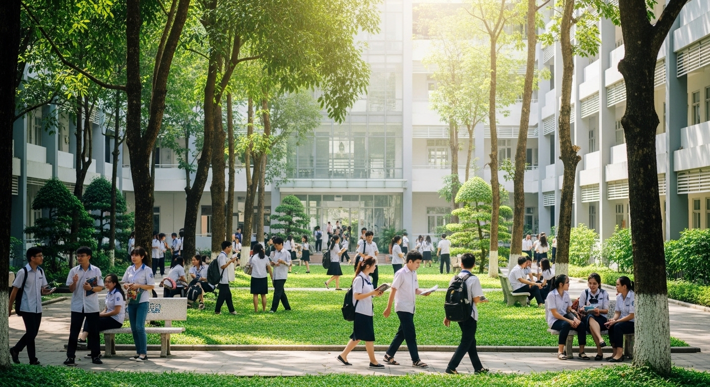 Sinh viên Trường Đại học Y Hà Nội đi bộ và trò chuyện trong khuôn viên xanh mát, hiện đại dưới ánh nắng tự nhiên.