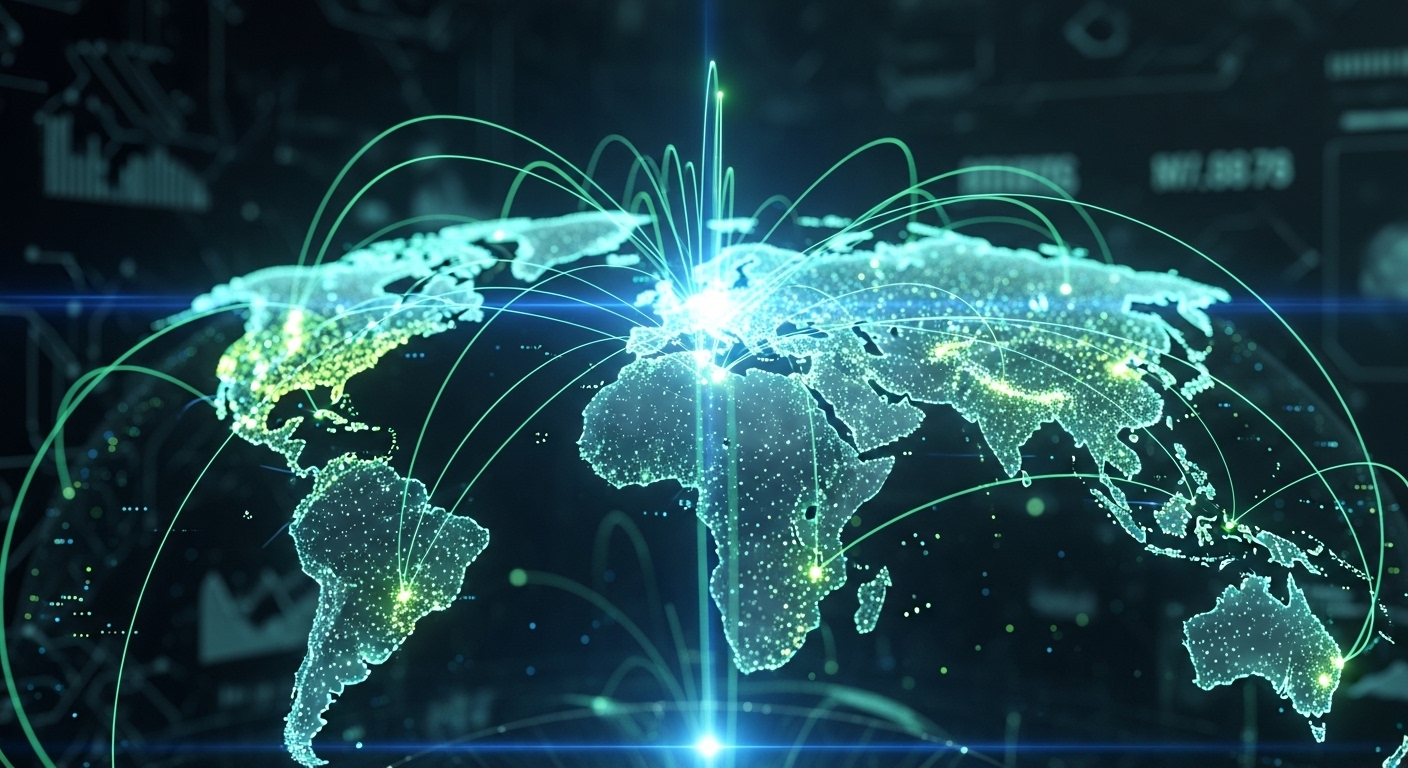 Mạng lưới toàn cầu với các điểm kết nối sáng, minh họa sự vươn tầm kinh tế của tập đoàn lớn nhất Việt Nam.