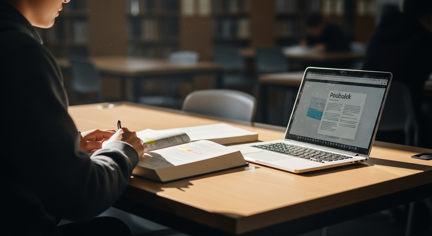 Sinh viên chăm chú học bài với sách và laptop tại bàn gọn gàng trong thư viện, sẵn sàng cho khóa học Marketing cho sinh viên.