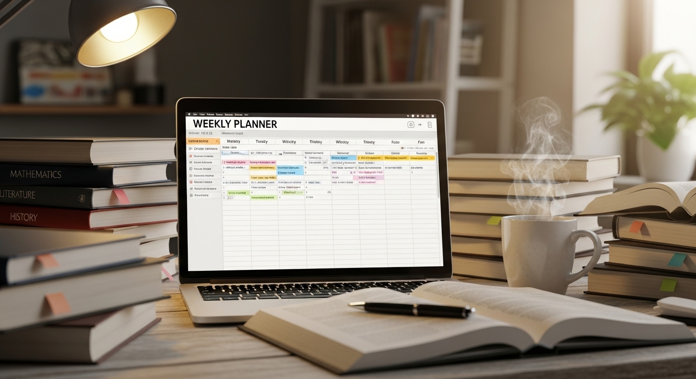 Laptop trên bàn học sinh viên hiển thị lịch trình chi tiết, bên cạnh sách và tách trà, minh họa việc quản lý thời gian hiệu quả, rất cần thiết khi tìm kiếm việc làm thêm cho sinh viên tại Hà Nội.