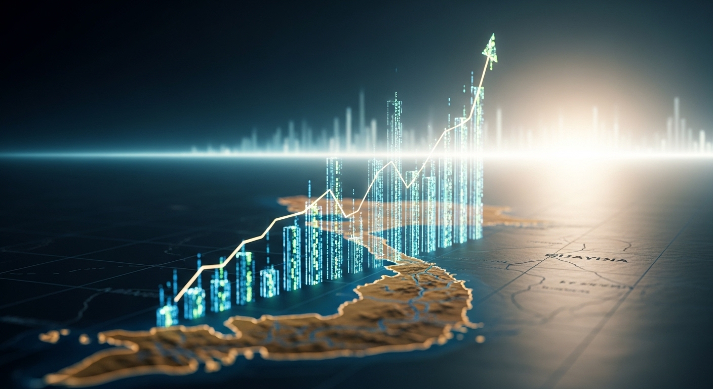 Biểu đồ dữ liệu số phát sáng từ bản đồ Việt Nam, tượng trưng cho sự tăng trưởng của xếp hạng đại học Việt Nam và tầm nhìn học thuật.