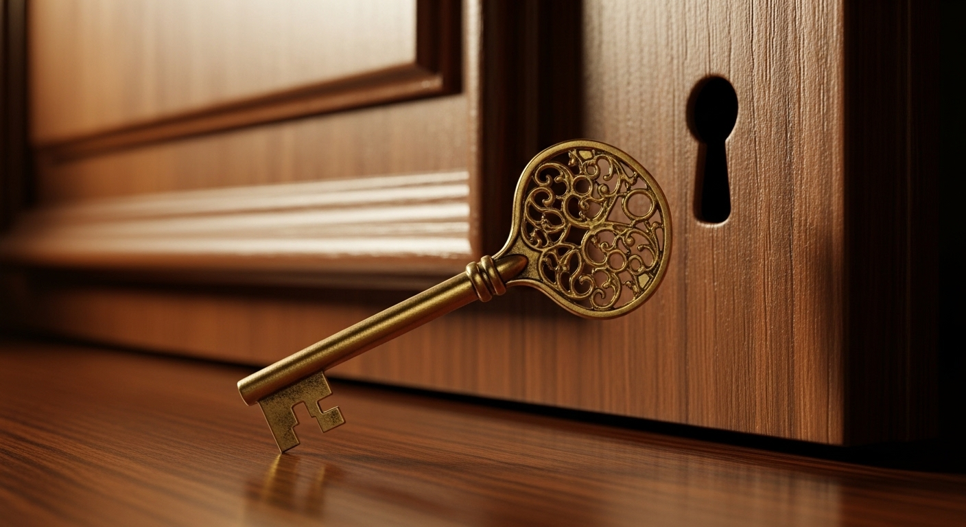 Chìa khóa vàng tinh xảo đặt cạnh cánh cửa gỗ hé mở, gợi ý cách trả lời phỏng vấn để mở ra cơ hội mới.