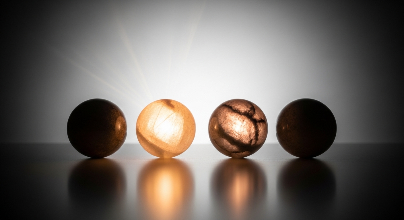 Bốn quả cầu đá bóng loáng đặt cân đối, 3 quả phát sáng rực rỡ và 1 quả phát sáng nhẹ nhàng trên bề mặt phản chiếu, minh họa trực quan cho quản lý thời gian và phân bổ công việc một cách hiệu quả trong môi trường tối giản.