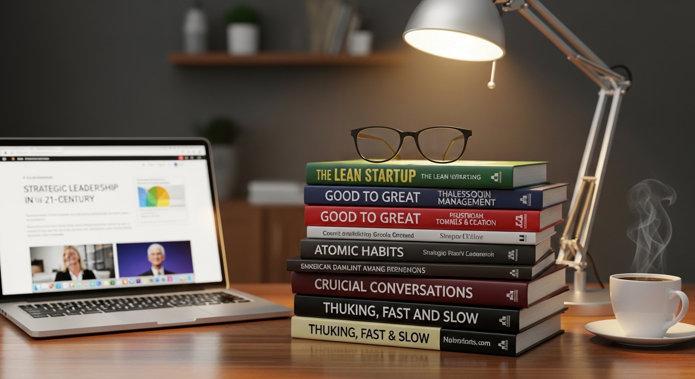 Bàn làm việc với chồng sách phát triển kỹ năng kinh doanh, quản lý và laptop hiển thị nền tảng e-learning, hỗ trợ cá nhân hoạch định và đạt được mục tiêu nghề nghiệp nhân sự hiệu quả.