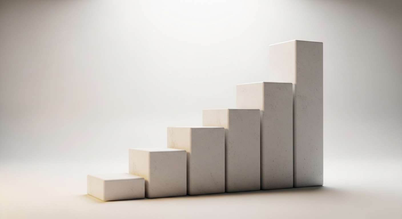 Khối hình học bóng loáng xếp bậc thang tượng trưng sự tiến bộ có cấu trúc, truyền cảm hứng khi viết mục tiêu nghề nghiệp ngành xuất nhập khẩu rõ ràng và có định hướng.