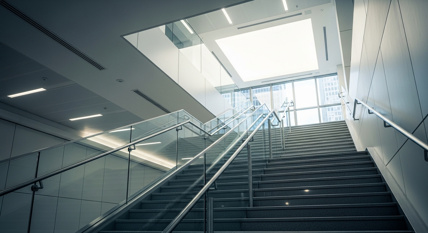 Cầu thang hiện đại, sáng sủa trong tòa nhà công ty, tượng trưng cho con đường thăng tiến rõ ràng và đạt được mục tiêu nghề nghiệp kế toán.