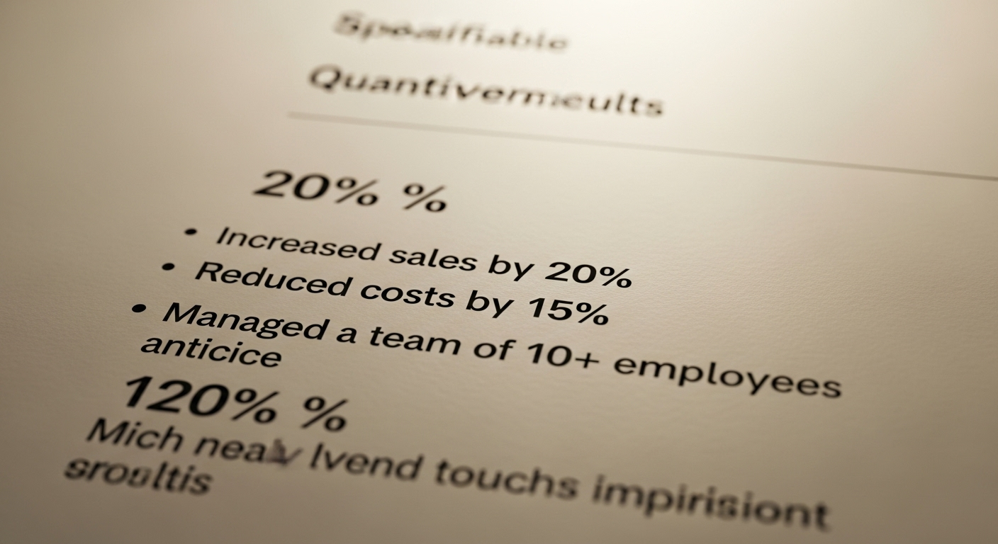 Cận cảnh phần CV chuyên nghiệp với thành tích định lượng rõ ràng bằng số và phần trăm, minh chứng cho năng lực thực sự và tránh việc nói dối trong CV.