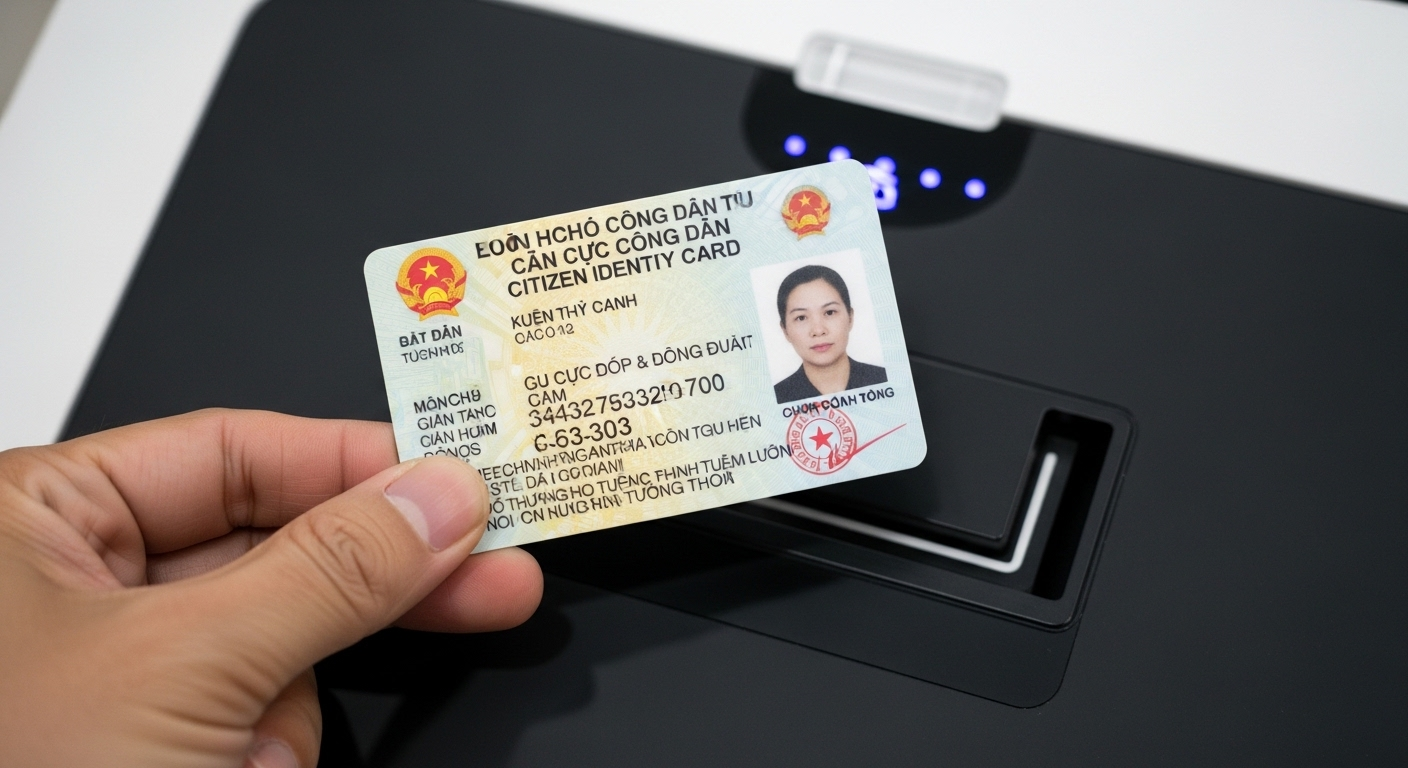 Bàn tay đưa Căn cước công dân Việt Nam vào máy quét hiện đại để xử lý thông tin, bao gồm dữ liệu liên quan đến nơi cấp căn cước công dân.