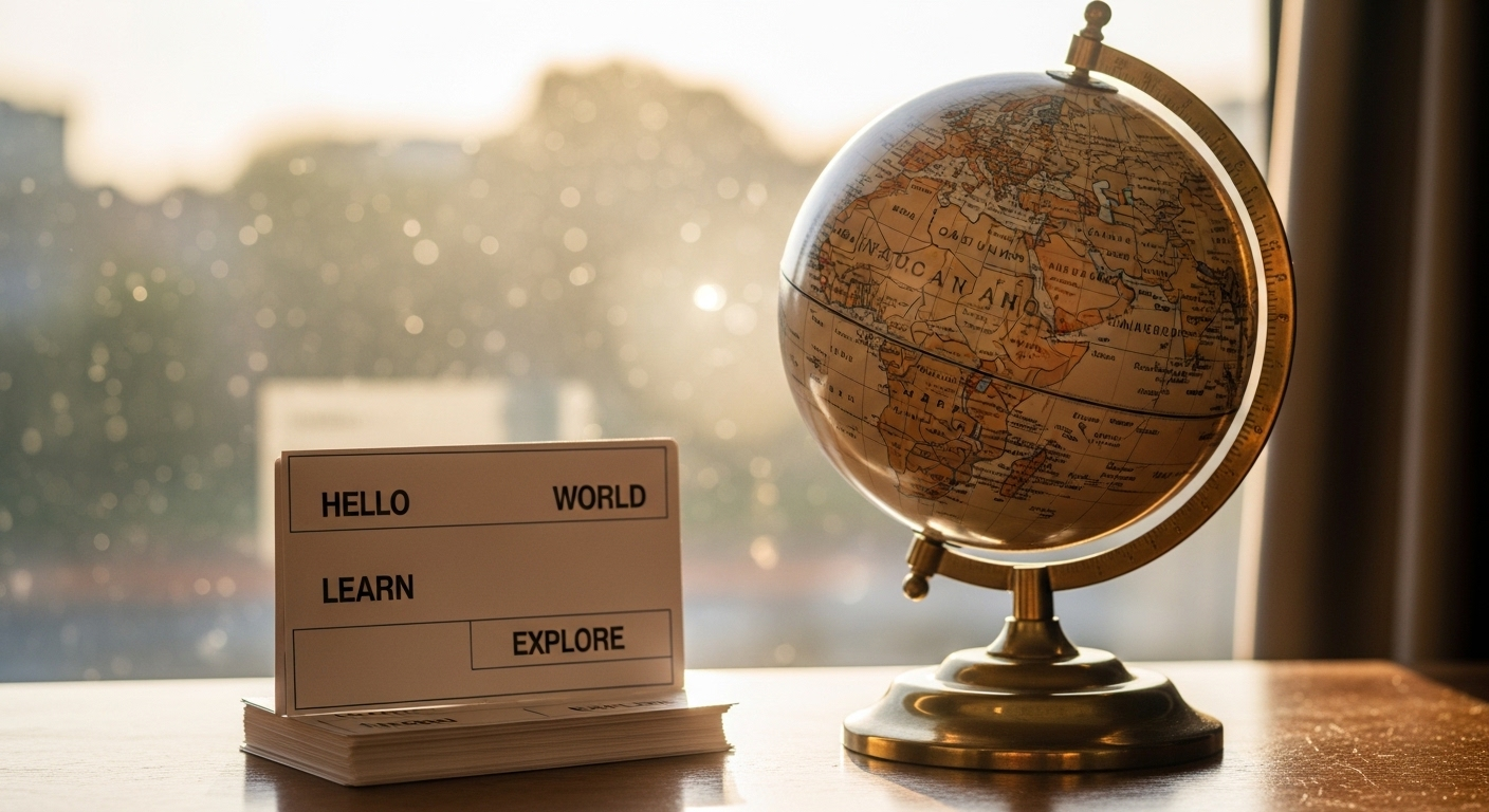 Quả địa cầu và thẻ học tiếng Anh trên bàn, tượng trưng cho hành trình chinh phục ngôn ngữ toàn cầu và các cơ hội nghề nghiệp. Tìm hiểu cách viết CV trợ giảng tiếng Anh để mở ra tương lai.