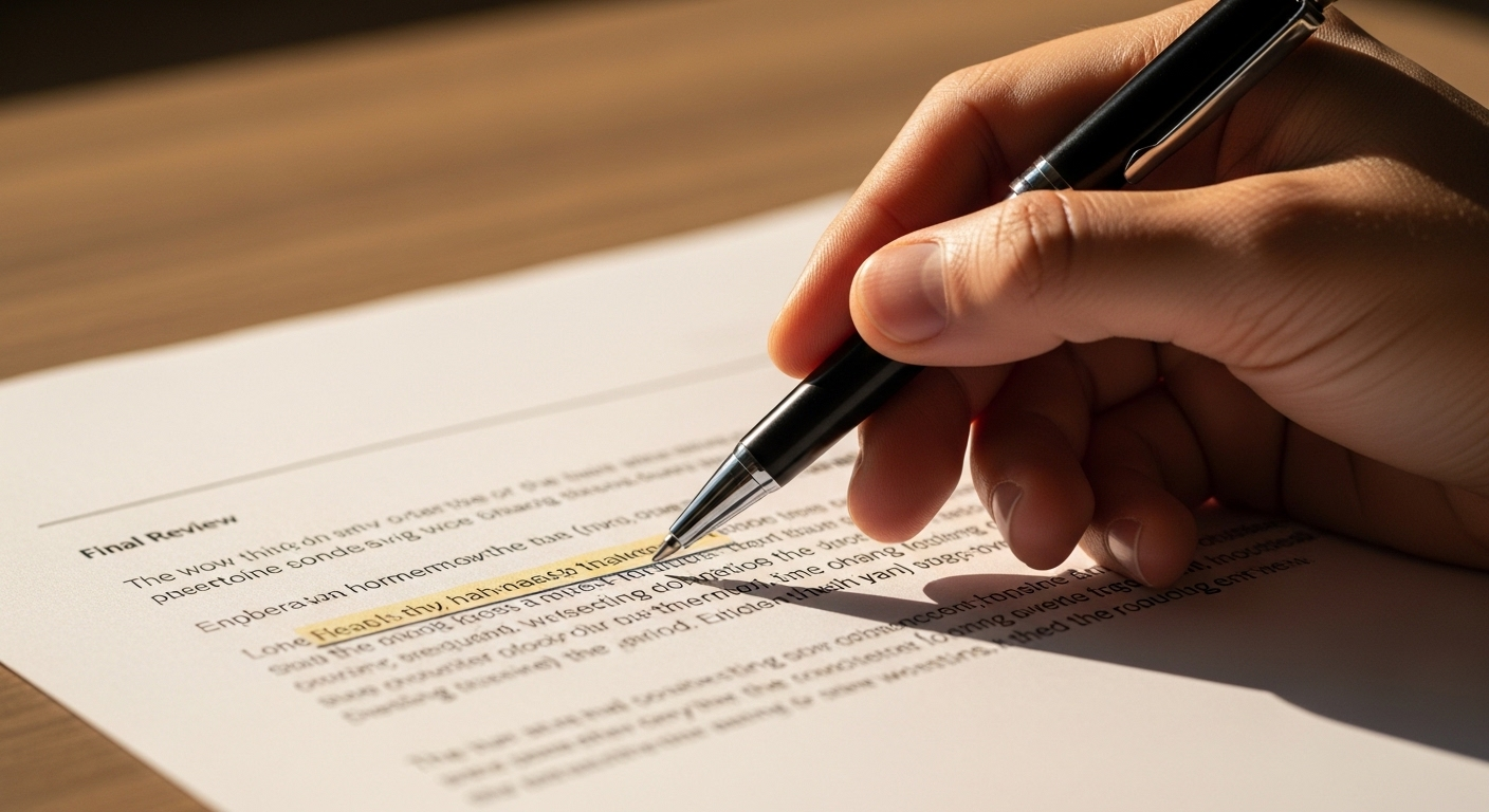 Cận cảnh tay cầm bút trên tài liệu trắng, chuẩn bị chỉnh sửa CV. Minh họa cách đặt tiêu đề CV xin việc chuyên nghiệp và ấn tượng.