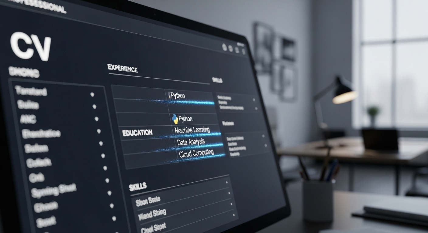 Màn hình hiển thị CV kỹ thuật số chuyên nghiệp, với các kỹ năng trong CV được phần mềm làm nổi bật để đánh giá.