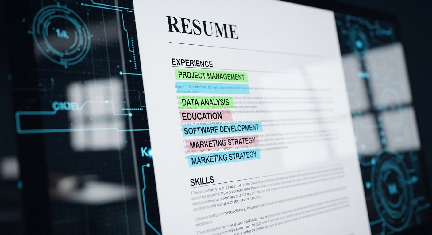 Màn hình máy tính hiển thị CV, với các kỹ năng trong CV được hệ thống AI tự động quét và tô sáng, gợi ý quá trình lọc hồ sơ hiệu quả.