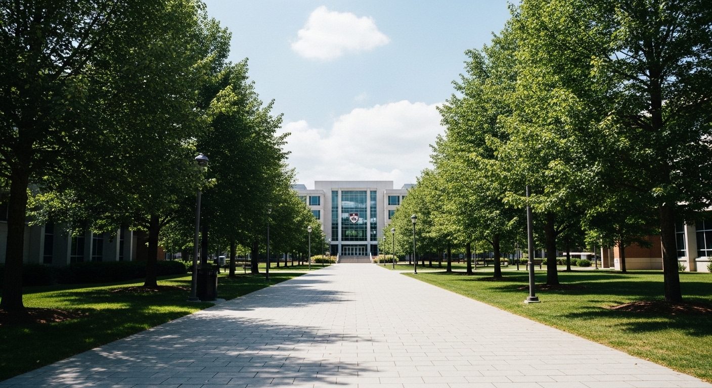 Con đường đá rộng mở dẫn tới tòa nhà đại học hiện đại dưới bầu trời trong xanh, biểu tượng cho hành trình học vấn và cơ hội nắm bắt Quy chế tuyển sinh đại học 2026.