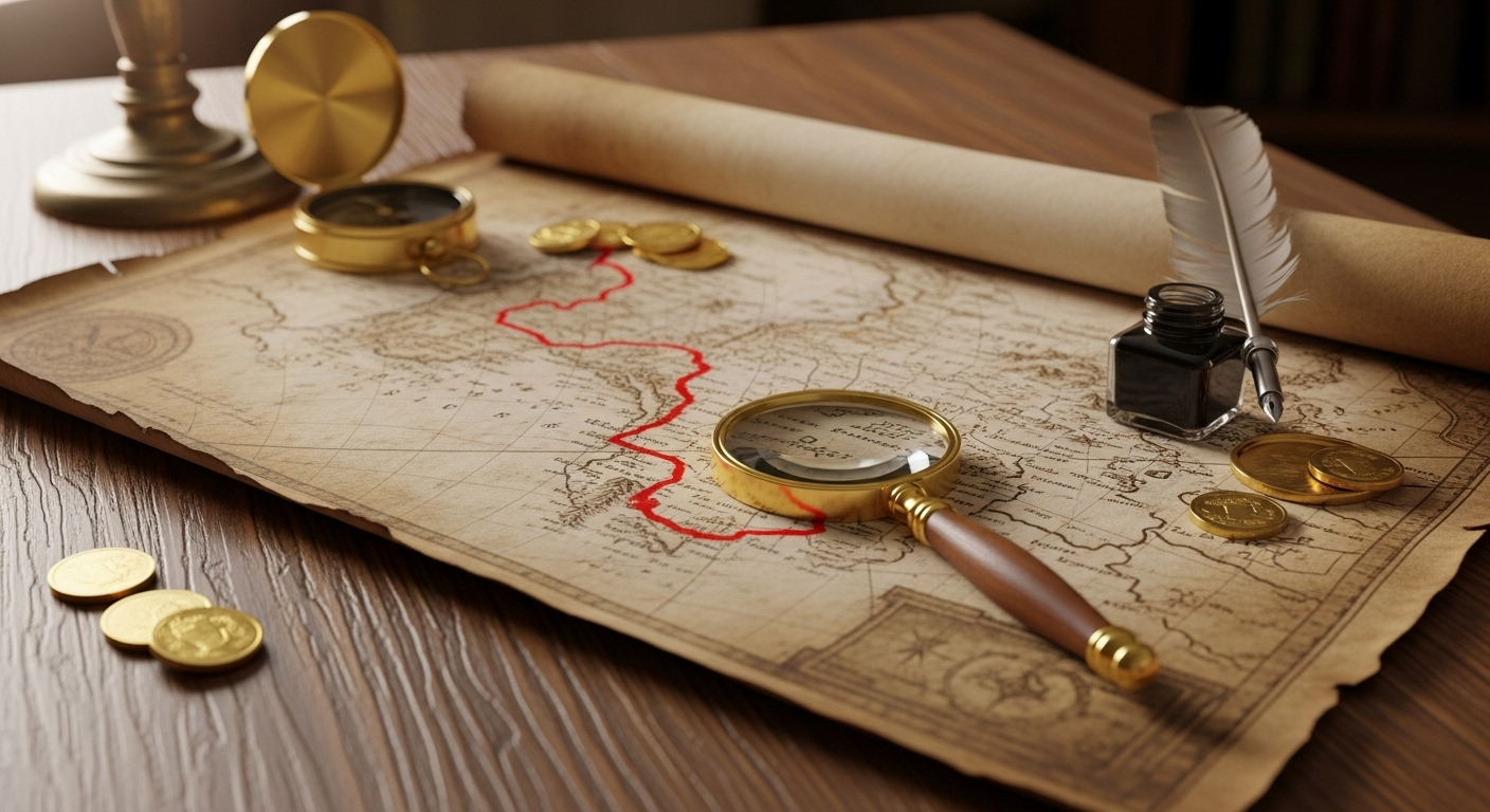 Bản đồ giấy da cổ trên bàn gỗ sồi với lộ trình đánh dấu đỏ và kính lúp, minh họa việc lập kế hoạch chi tiết cho các mục tiêu nghề nghiệp.