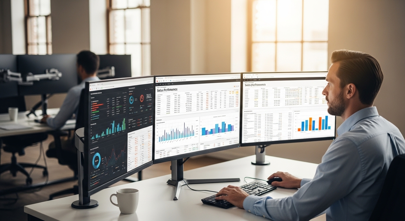 Nó không chỉ mô tả mà còn gợi ý về mục đích của hành động trong ảnh (đánh giá hiệu quả, tối ưu chiến lược), điều này có thể hấp dẫn hơn cho người tìm kiếm thông tin về phân tích bán hàng hoặc kỹ năng thuyết trình.