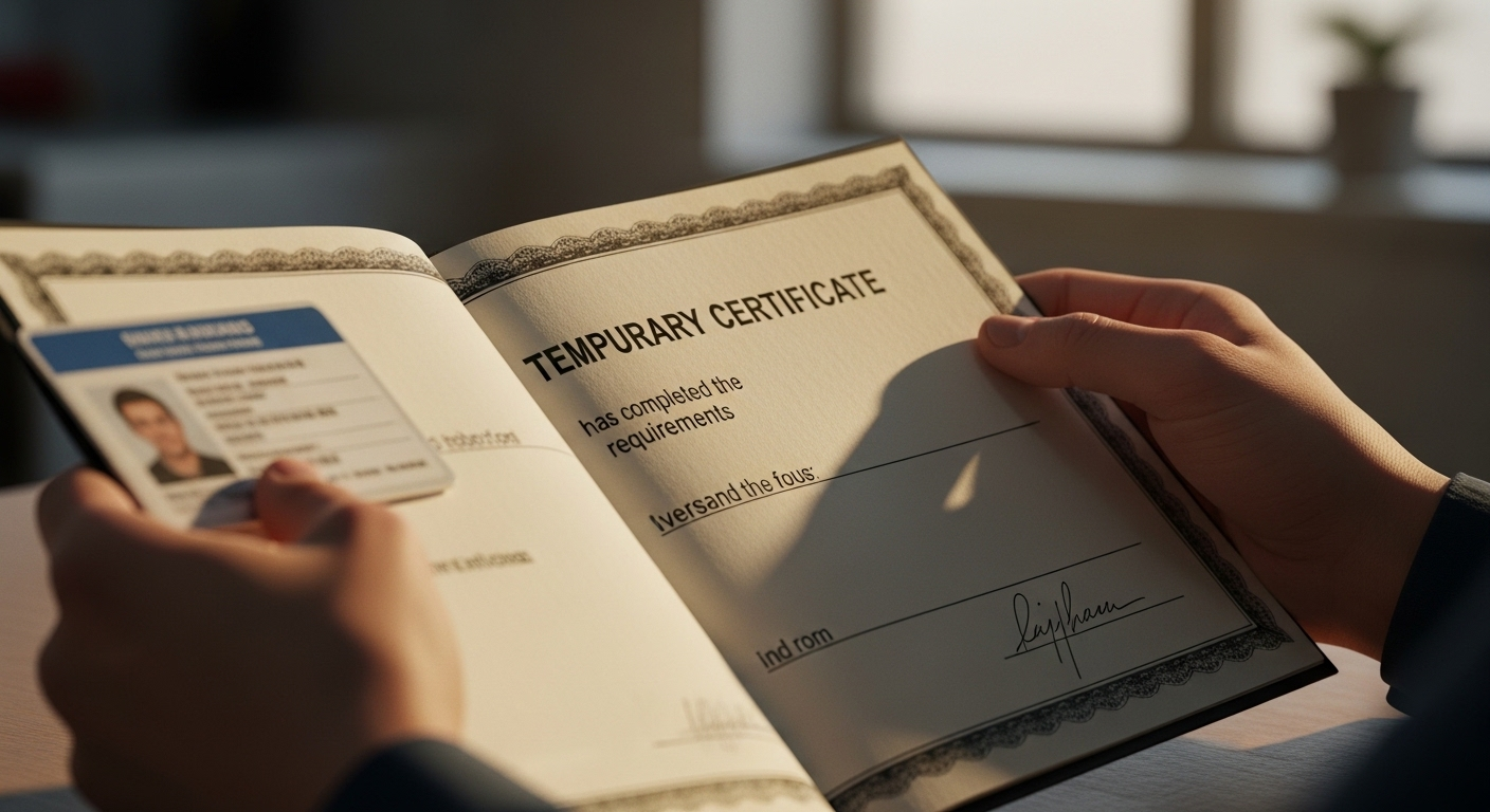 Cận cảnh hai tay giữ bằng tốt nghiệp THPT (giấy chứng nhận tạm thời), lộ thông tin in và một góc thẻ căn cước.