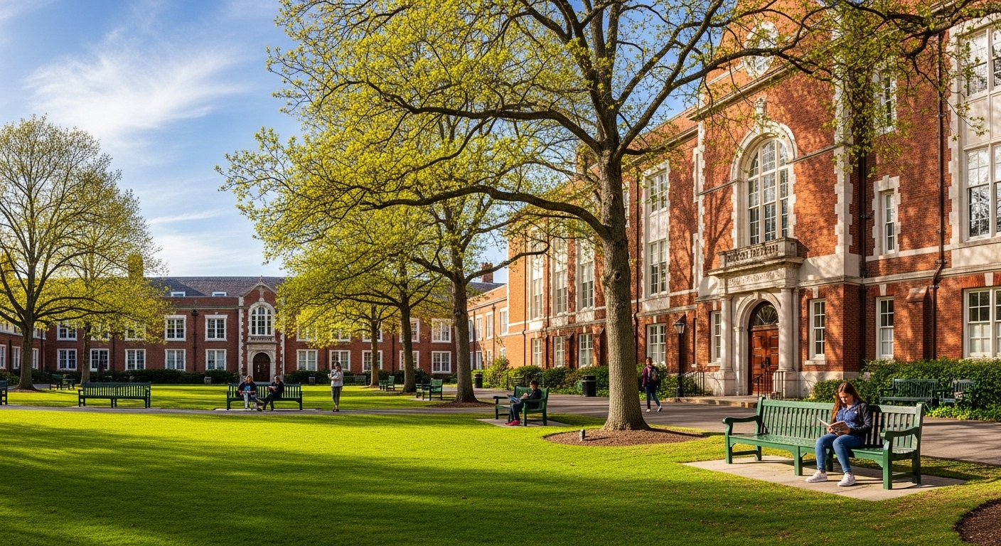 Khuôn viên sân trường rộng rãi, xanh mát với kiến trúc cổ điển dưới nắng chiều, gợi nhớ hình ảnh các top trường THPT Việt Nam nổi bật.