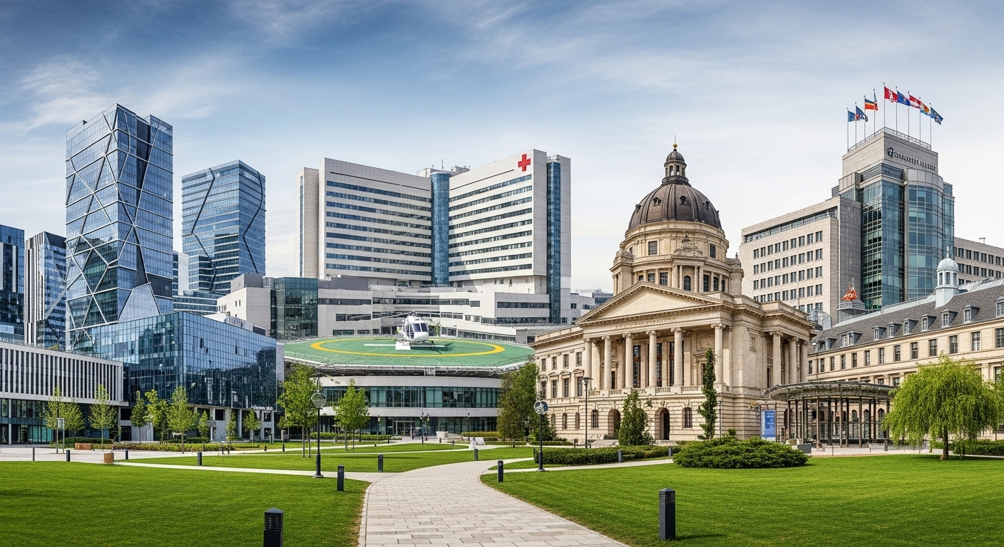 Phong cảnh nghề nghiệp rộng lớn, rực rỡ với các kiến trúc đa dạng (công nghệ, y tế, thư viện). Hình ảnh tượng trưng cho vô vàn con đường sự nghiệp và lựa chọn khối thi đại học.