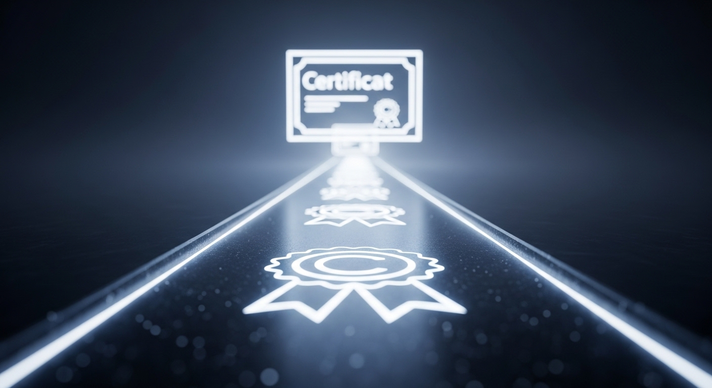 Con đường kỹ thuật số chiếu sáng thể hiện lộ trình phát triển sự nghiệp IT, khởi đầu với nền tảng CCNA là gì và tiến tới các chứng chỉ chuyên sâu khác trong bối cảnh phòng máy chủ hiện đại.