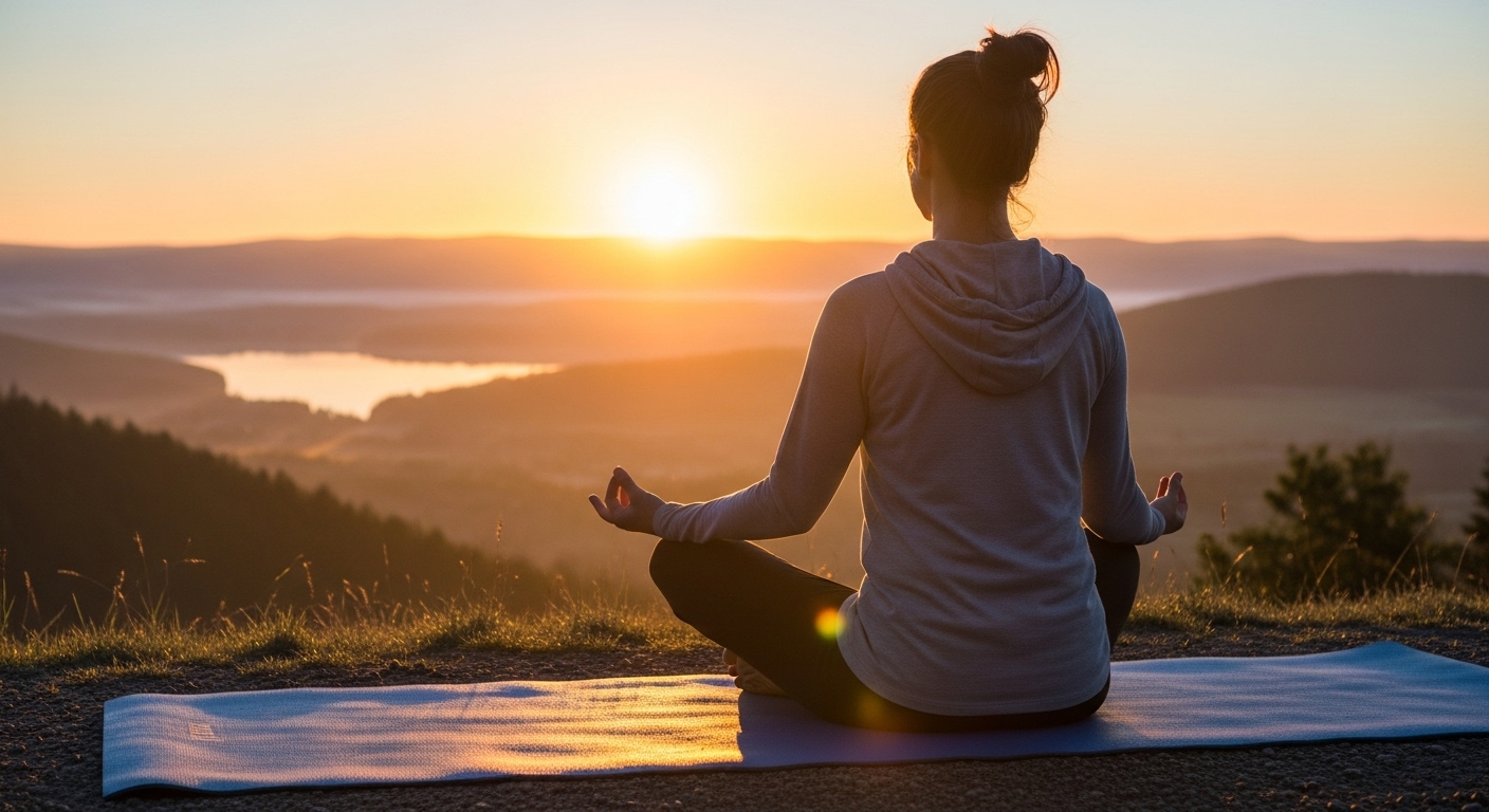 Người ngồi thiền trên thảm yoga ngoài trời lúc bình minh, giữa phong cảnh đồi núi và hồ nước êm đềm, gợi lên tinh thần cô độc hướng ngoại.