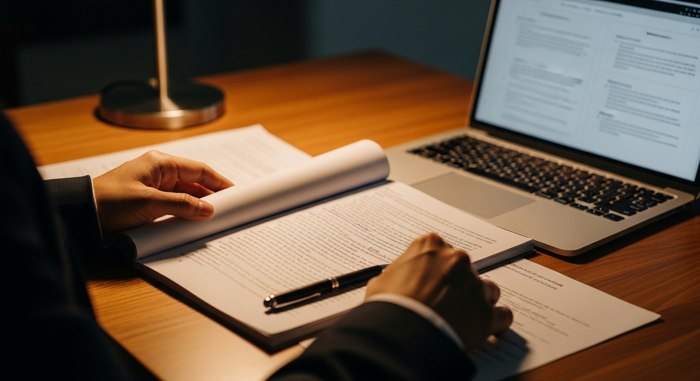 Hình ảnh cận cảnh đôi tay của host đang tỉ mỉ duyệt kịch bản và ghi chú trên bàn gỗ cùng laptop. Host là nghề gì đòi hỏi sự chuẩn bị chuyên nghiệp cho một buổi thuyết trình quan trọng.