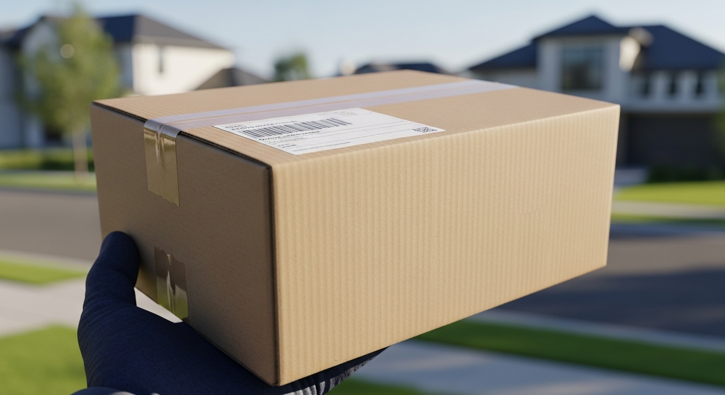 Để hiểu Hậu cần là gì, hãy nhìn hình ảnh cận cảnh hộp giao hàng được đóng gói cẩn thận, đang được tay đeo găng chuyên nghiệp cầm, sẵn sàng trao đến tay người nhận trên nền phố dân cư hiện đại mờ ảo.