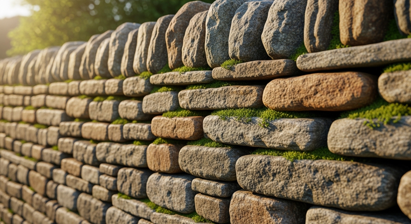 Tường đá kiên cố, rêu xanh, với các khối đan xen vững chãi dưới nắng dịu, biểu tượng cho nền tảng bền vững của đất. Liên tưởng đến sự ổn định này, Cung Đất gồm cung nào?