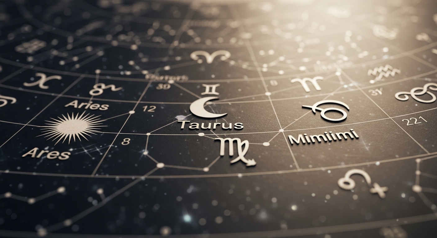 Hình ảnh macro chi tiết các ký hiệu hành tinh rõ nét trong bản đồ sao, hiển thị vị trí chính xác ở từng cung hoàng đạo và nhà. Nền thiên thể mờ ảo.