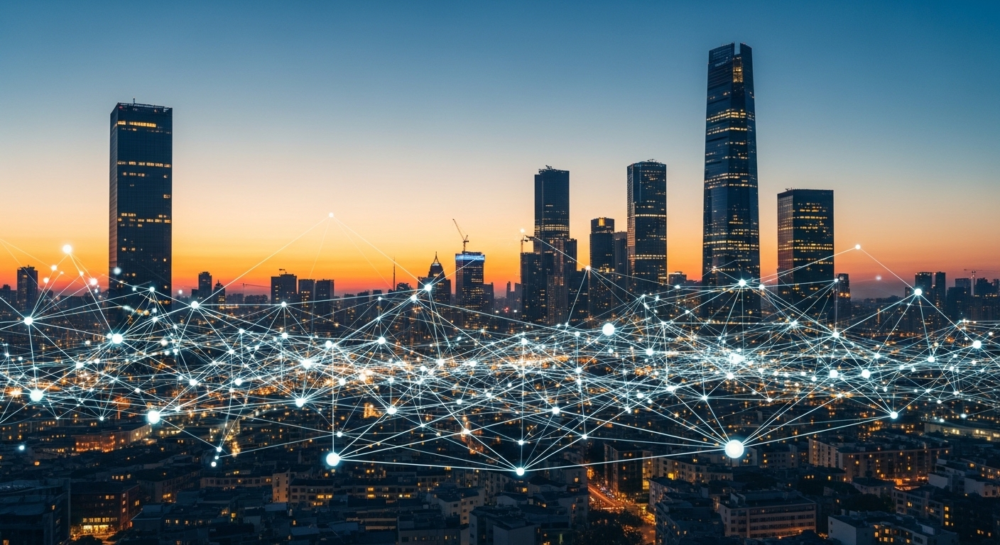 Mạng lưới kỹ thuật số trừu tượng phủ lên cảnh quan đô thị hiện đại lúc hoàng hôn, biểu tượng cho hệ sinh thái kết nối toàn cầu hỗ trợ sự phát triển của nghề quản lý KOL.