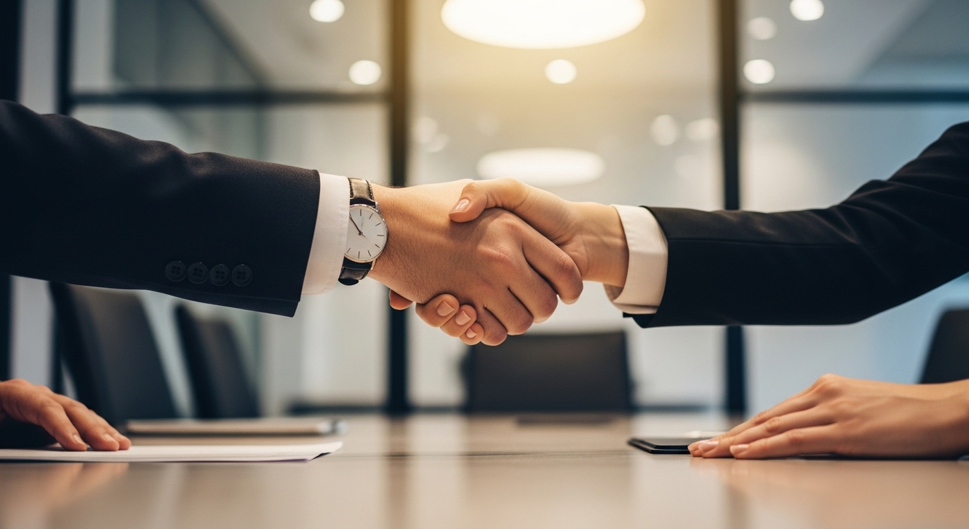 Cái bắt tay chuyên nghiệp giữa hai đối tác tại bàn họp sang trọng, thể hiện sự tôn trọng và tạo ấn tượng tốt, giúp bạn tránh những lý do bị từ chối phỏng vấn không đáng có.