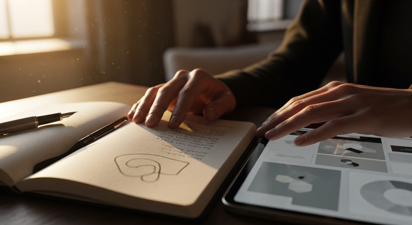Bàn tay trên sổ ghi chép và máy tính bảng với thiết kế tối giản, trong ánh sáng ấm. Khung cảnh gợi sự sáng tạo và lên ý tưởng cho các dự án hình ảnh, từ thiết kế UI/UX đến tìm hiểu phông bạt là gì.