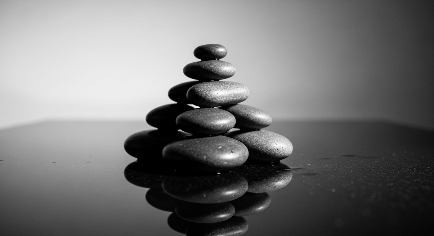 Kim tự tháp đá cuội xám mịn cân bằng tinh xảo trên mặt phẳng phản chiếu, gợi cảm hứng về sự ổn định và tầm quan trọng của việc biết điều là gì để đạt được sự hài hòa.