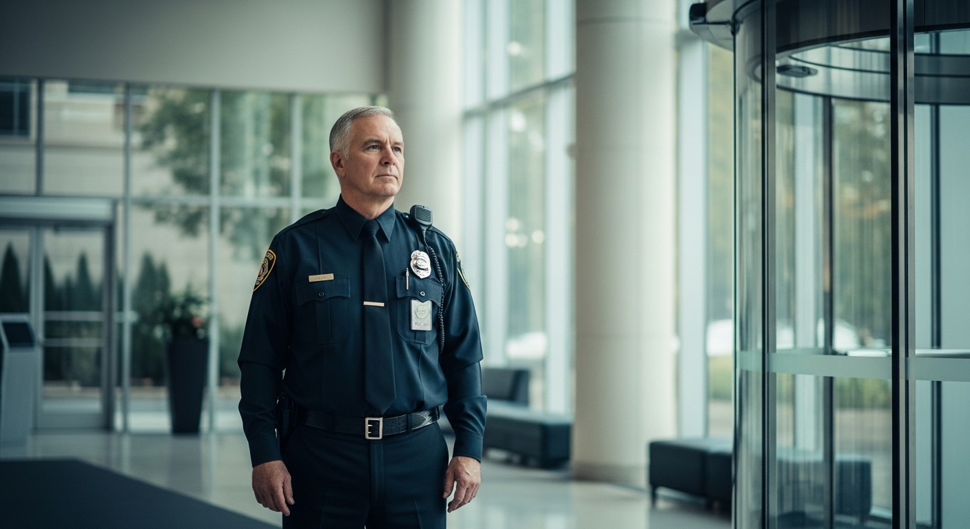 Người đàn ông lớn tuổi trong đồng phục bảo vệ đang làm nhiệm vụ chăm chú tại sảnh tòa nhà, minh họa việc làm cho người lớn tuổi trong ngành an ninh.