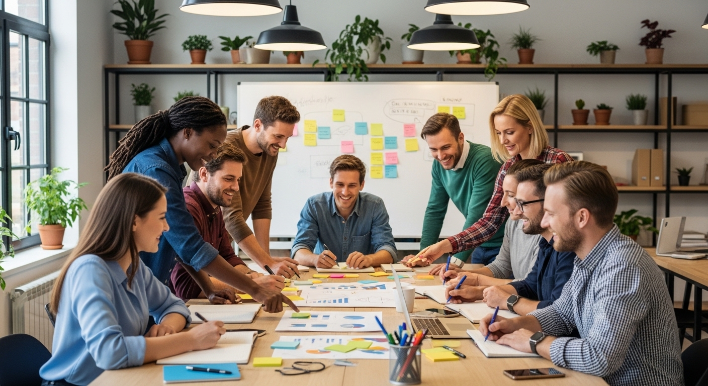 Nhóm chuyên gia đa dạng đang vui vẻ động não và hợp tác tại bàn chung trong không gian làm việc hiện đại, thể hiện một môi trường làm việc lý tưởng với sự tham gia bình đẳng và sáng tạo.