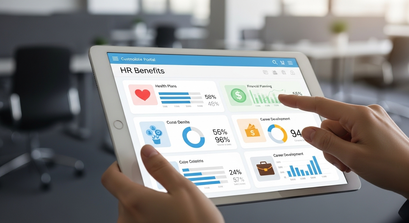 Tay người dùng tương tác với máy tính bảng hiển thị cổng quản lý đãi ngộ nhân sự hiện đại, với các tùy chọn về sức khỏe, tài chính và phát triển sự nghiệp.