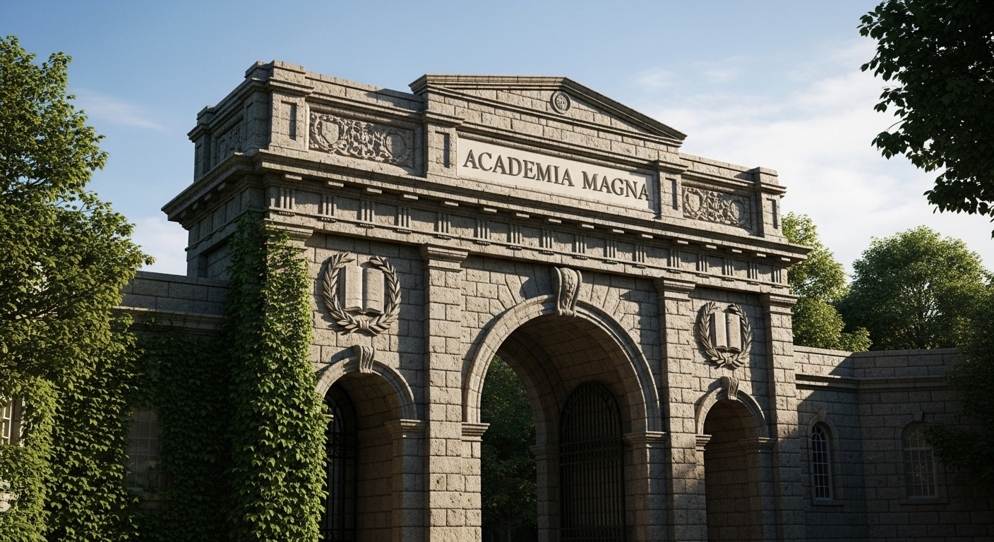 Cổng chính đá uy nghi của trường đại học dưới trời xanh và cây xanh bao quanh, biểu tượng cho hành trình học tập và thông tin tuyển sinh như học phí Đại học Quốc gia Hà Nội 2026.