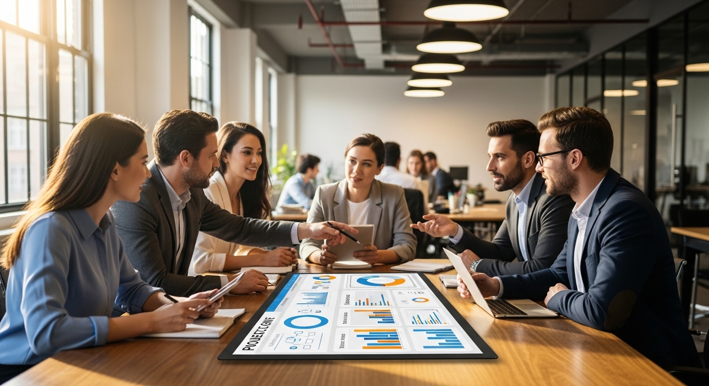 Đội ngũ chuyên nghiệp đa dạng hợp tác và thảo luận sôi nổi trong văn phòng mở, chia sẻ tiến độ trên màn hình kỹ thuật số. Hình ảnh minh họa rõ nét các kỹ năng nhà tuyển dụng cần có như làm việc nhóm và giao tiếp hiệu quả.