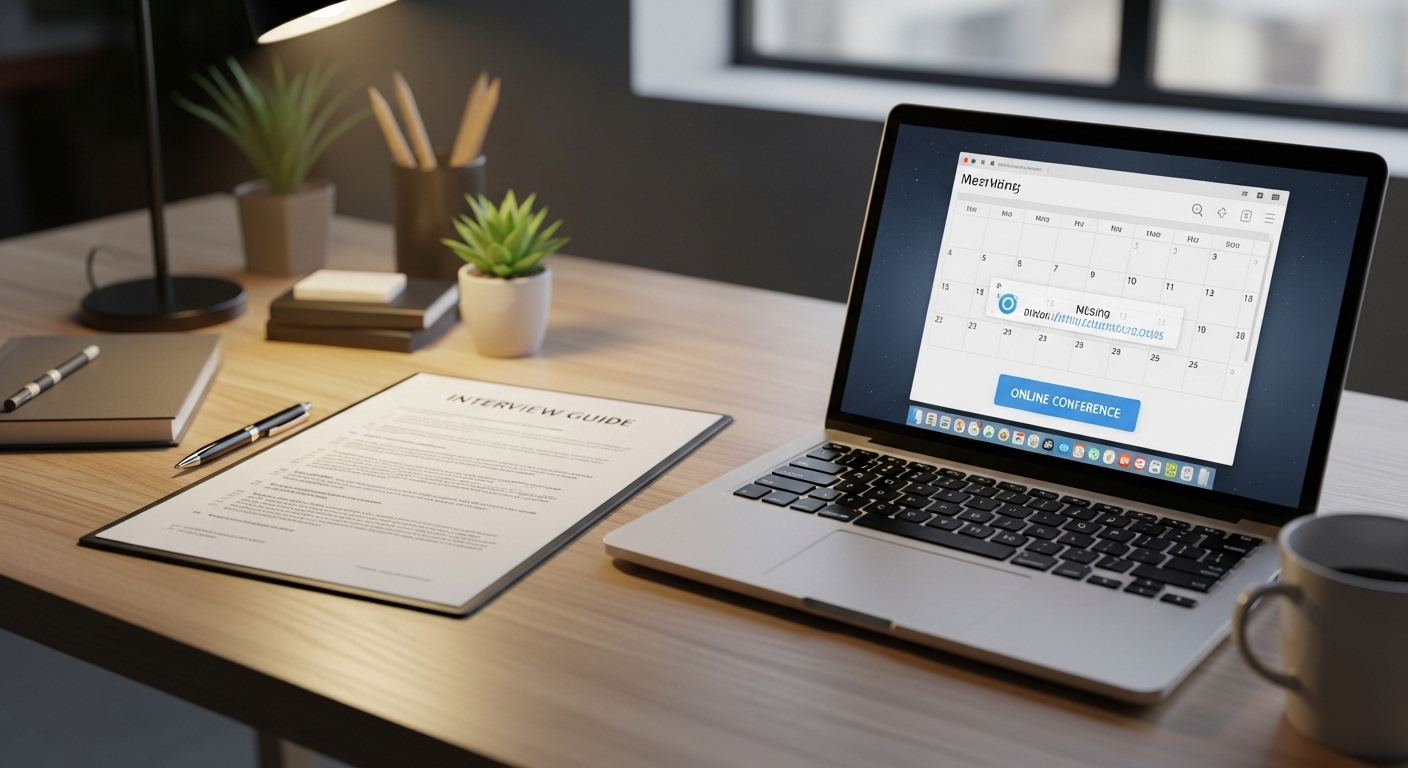 Bàn làm việc ngăn nắp với laptop hiển thị lịch phỏng vấn online và link hội nghị, cùng tài liệu hướng dẫn. Chuẩn bị kỹ lưỡng sau khi nhận thư mời phỏng vấn qua mail.