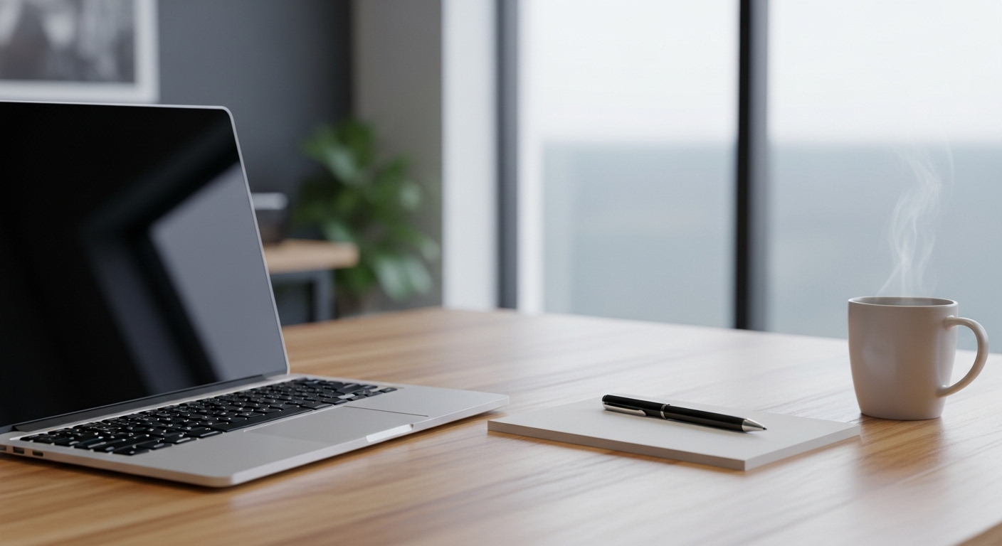 Bàn làm việc chuyên nghiệp gọn gàng với laptop, sổ tay, bút và cốc cà phê nóng, nơi lý tưởng để soạn thảo thư cảm ơn sau phỏng vấn bằng tiếng Anh.