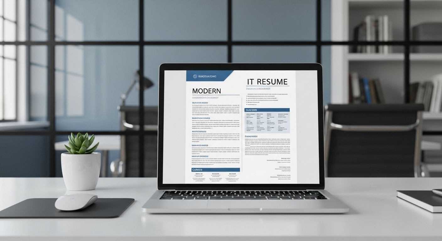 Mẫu CV IT chuyên nghiệp hiển thị trên màn hình laptop trong không gian văn phòng hiện đại, sẵn sàng cho cơ hội sự nghiệp mới. Mẫu CV IT chuyên nghiệp hiển thị trên màn hình laptop trong không gian văn phòng hiện đại, sẵn sàng cho cơ hội sự nghiệp mới.