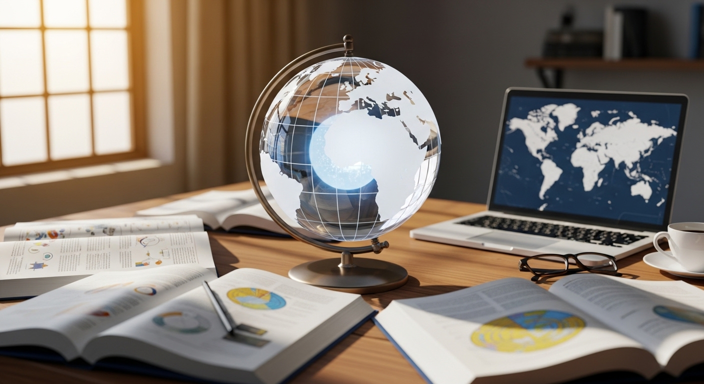 Bàn học với quả địa cầu, sách vở và laptop hiển thị bản đồ thế giới, gợi mở định hướng học tập và cơ hội kết nối quốc tế cho sinh viên từ các đại học top đầu Việt Nam. Bàn học với quả địa cầu, sách vở và laptop hiển thị bản đồ thế giới, gợi mở định hướng học tập và cơ hội kết nối quốc tế cho sinh viên từ các đại học top đầu Việt Nam.