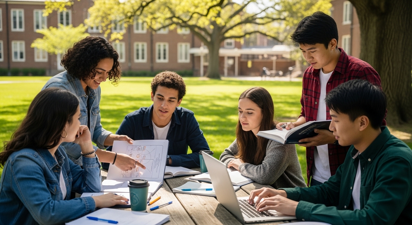 Nhóm học sinh đa dạng sôi nổi thảo luận dự án học thuật ngoài trời trên bãi cỏ xanh mát của khuôn viên, hình ảnh quen thuộc tại một trường quốc tế ở Hà Nội.