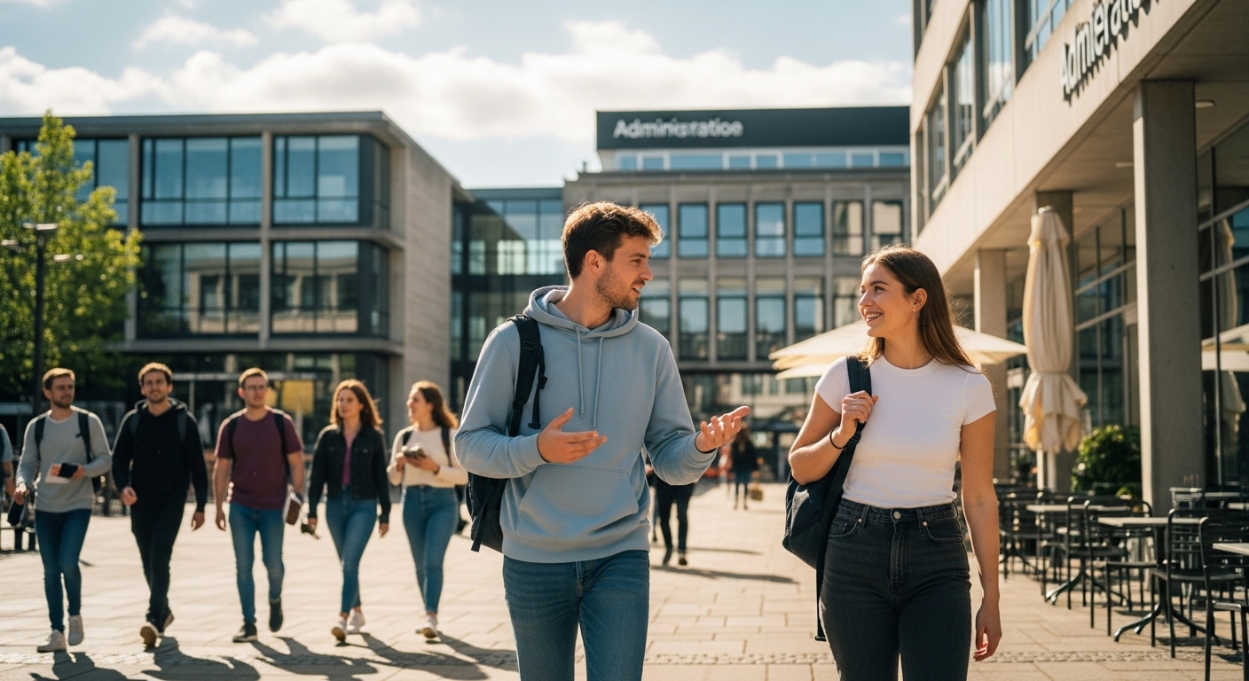 Hai sinh viên thảo luận trong khuôn viên nhộn nhịp của một trong các trường đại học top đầu miền Bắc, với kiến trúc hiện đại và quán cà phê dưới nắng chiều.