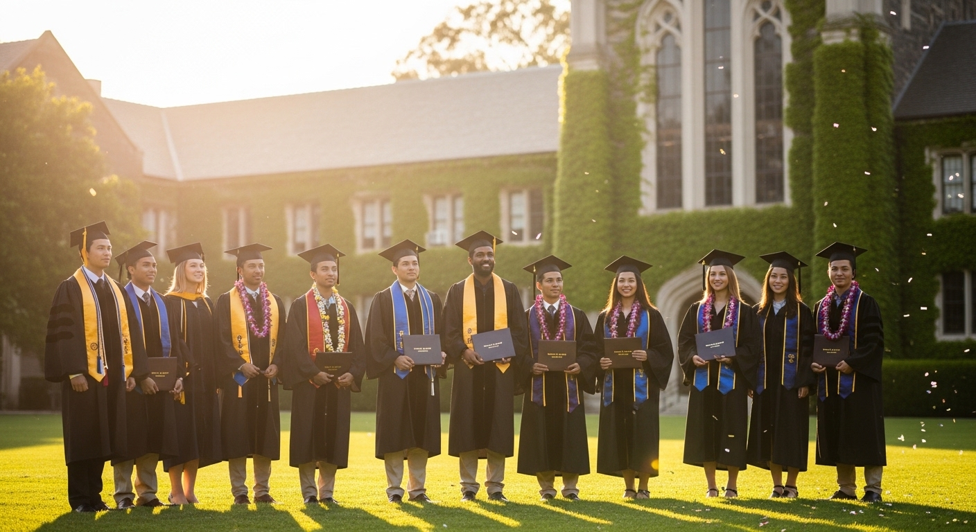 Nhóm sinh viên tốt nghiệp đa dạng trong lễ phục cử nhân, đứng tự hào trên bãi cỏ khuôn viên trường đại học kiến trúc cổ điển, hướng về tương lai. Hình ảnh truyền cảm hứng về hành trình tại các trường đại học tốt nhất thế giới 2025.