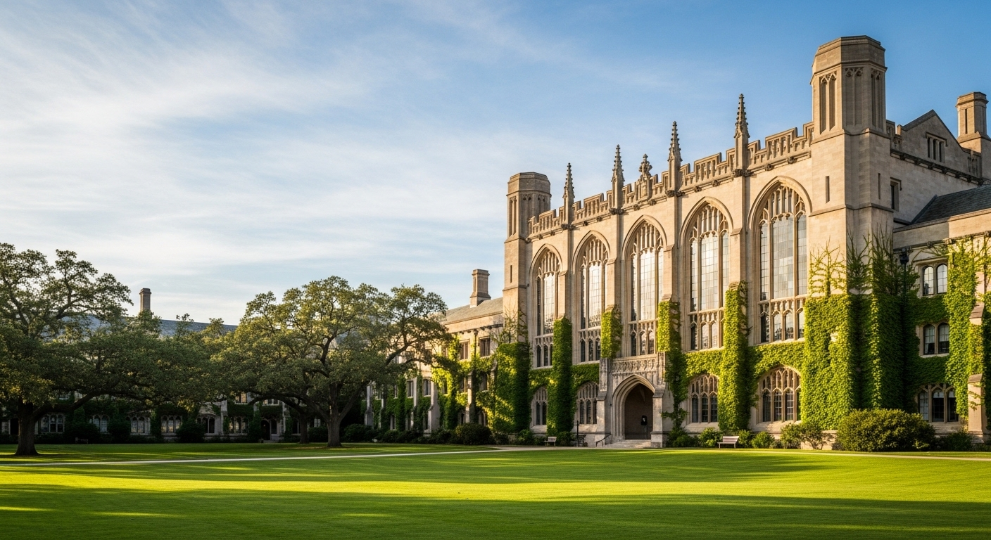 Bên ngoài tòa nhà đại học kiến trúc Gothic Phục hưng tráng lệ với cửa sổ vòm, chi tiết đá tinh xảo và bãi cỏ xanh, điển hình của các top 100 trường đại học toàn cầu.