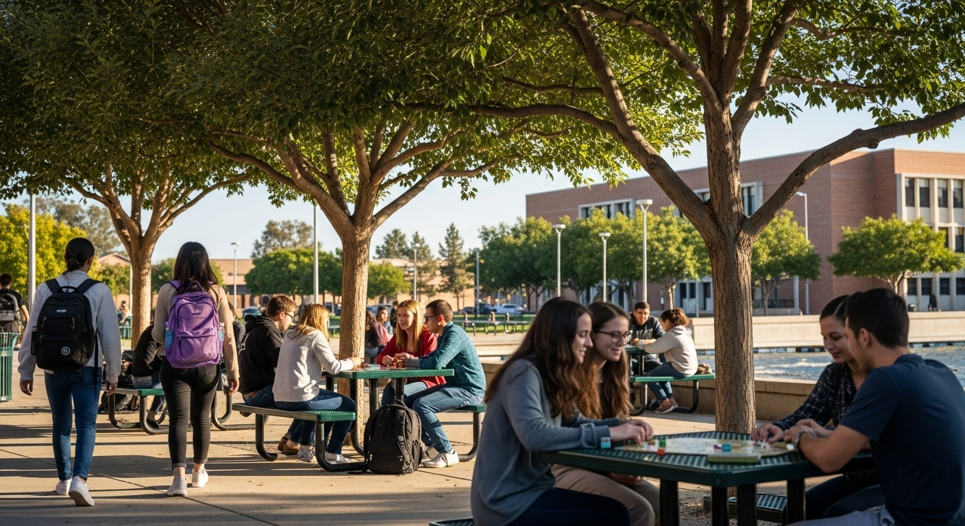 Sinh viên năng động trò chuyện và chơi game tại bàn dã ngoại dưới bóng cây trong khuôn viên sôi động của các trường đại học tại TP.HCM.