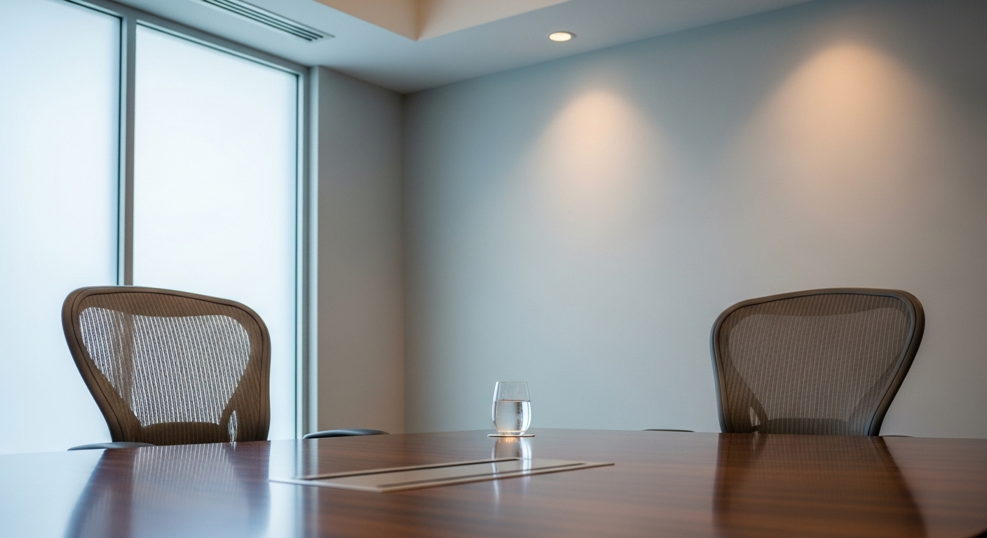 Phòng phỏng vấn hiện đại với hai ghế văn phòng thoải mái, bàn bóng bẩy, sẵn sàng cho các cuộc trao đổi về câu hỏi phỏng vấn thường gặp. Phòng phỏng vấn hiện đại với hai ghế văn phòng thoải mái, bàn bóng bẩy, sẵn sàng cho các cuộc trao đổi về câu hỏi phỏng vấn thường gặp.