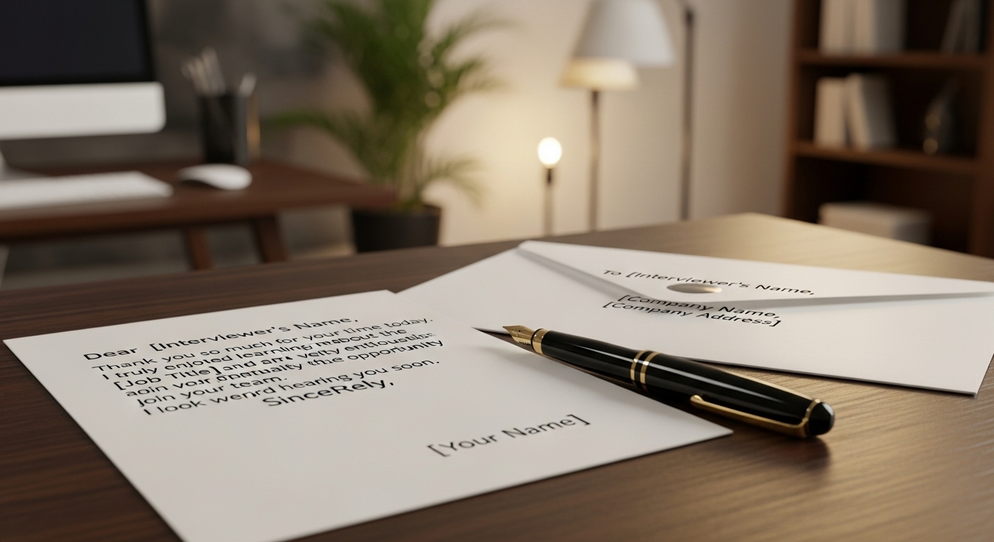 Bức thư cảm ơn viết tay nhã nhặn đặt trên bàn làm việc chuyên nghiệp cùng bút máy, thể hiện sự chuyên nghiệp trong giao tiếp phỏng vấn, từ việc trả lời thư mời phỏng vấn đến theo dõi sau buổi gặp mặt.