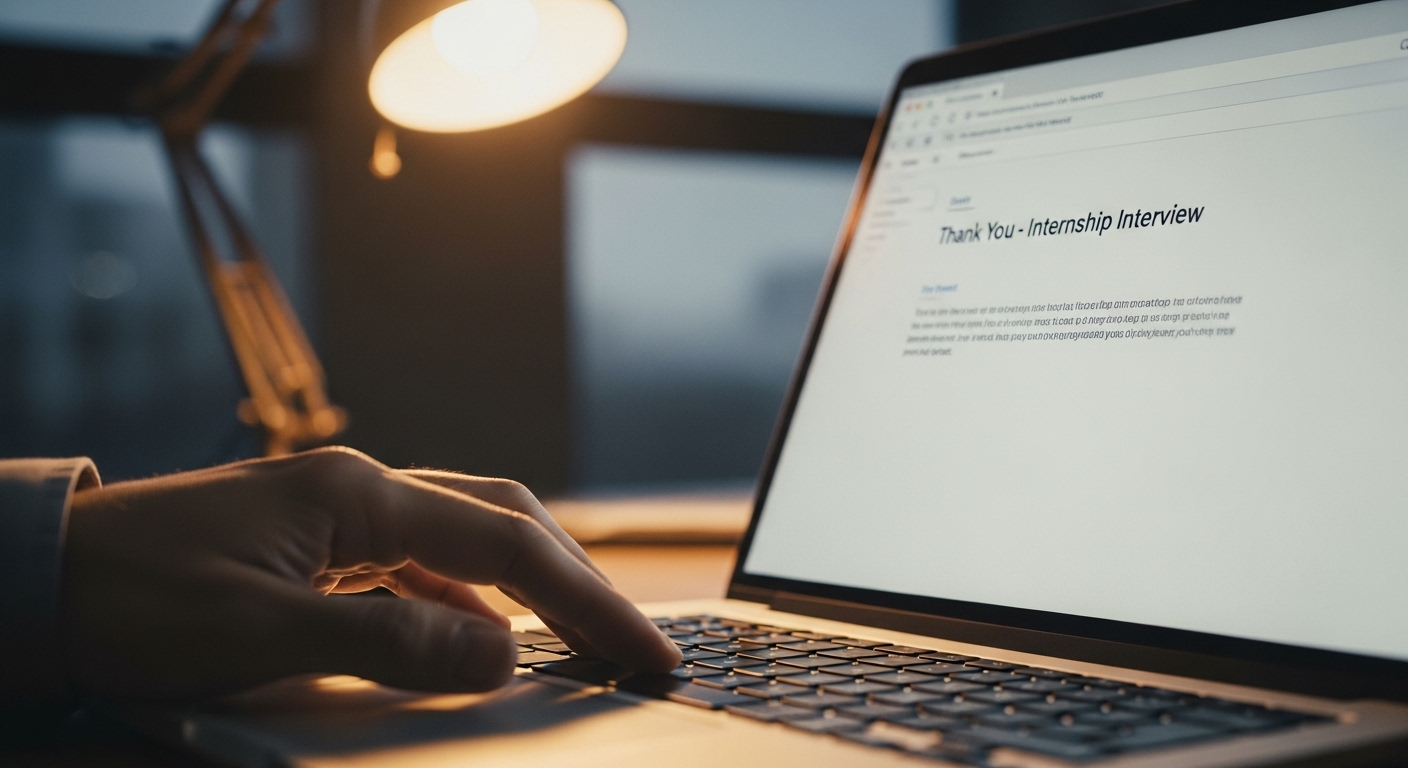 Cận cảnh tay gõ laptop gửi email cảm ơn sau buổi phỏng vấn thực tập, một bước chuyên nghiệp sau khi ứng viên đã hoàn thành các câu hỏi phỏng vấn thực tập sinh.