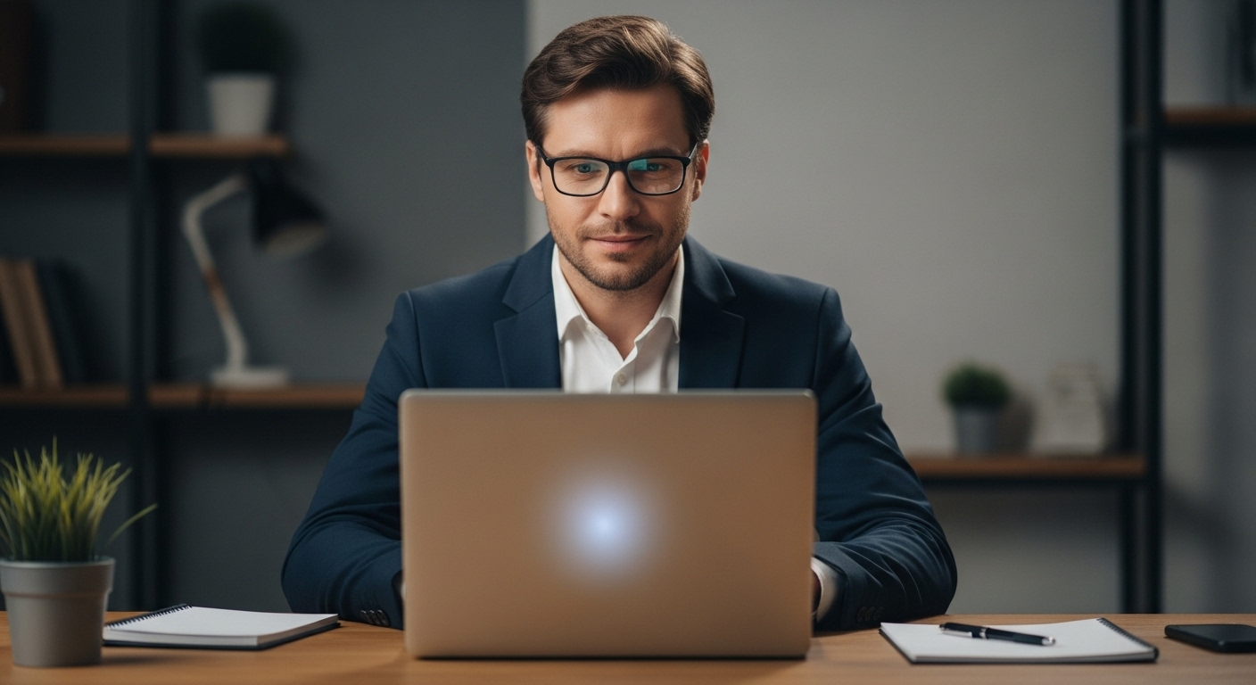 Chuyên gia ngồi bàn, tập trung nhìn camera laptop, minh họa kỹ năng phỏng vấn Online hiệu quả. Chuyên gia ngồi bàn, tập trung nhìn camera laptop, minh họa kỹ năng phỏng vấn Online hiệu quả.